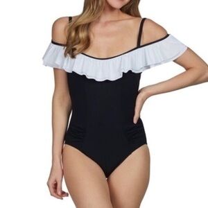 Profile by Gottex Off Shoulder Ruffled Navy One Piece Swimsuit 14